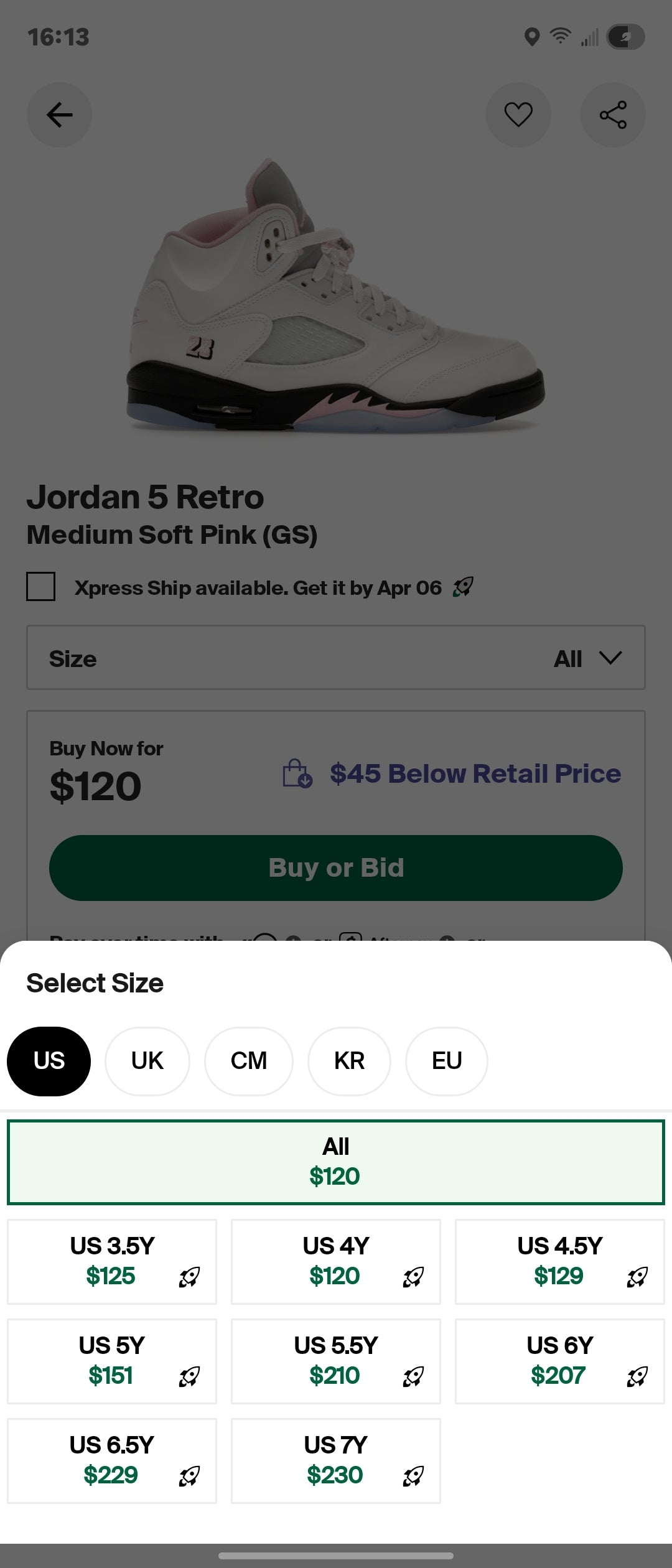 Jordan 5 Medium Soft Pink DS SZ 6.5Y & 7Y